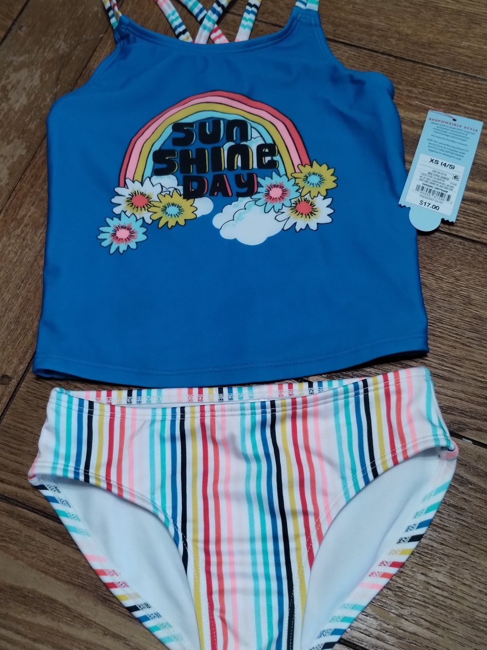Cat & Jack Blue 'Sunshine Day' Tankini Set with Multicolor Stripes